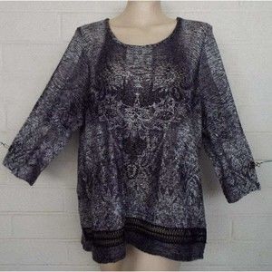 World Unity Woman 2X Black Gray Black Lace Trim Loose Knit Pullover Sweater